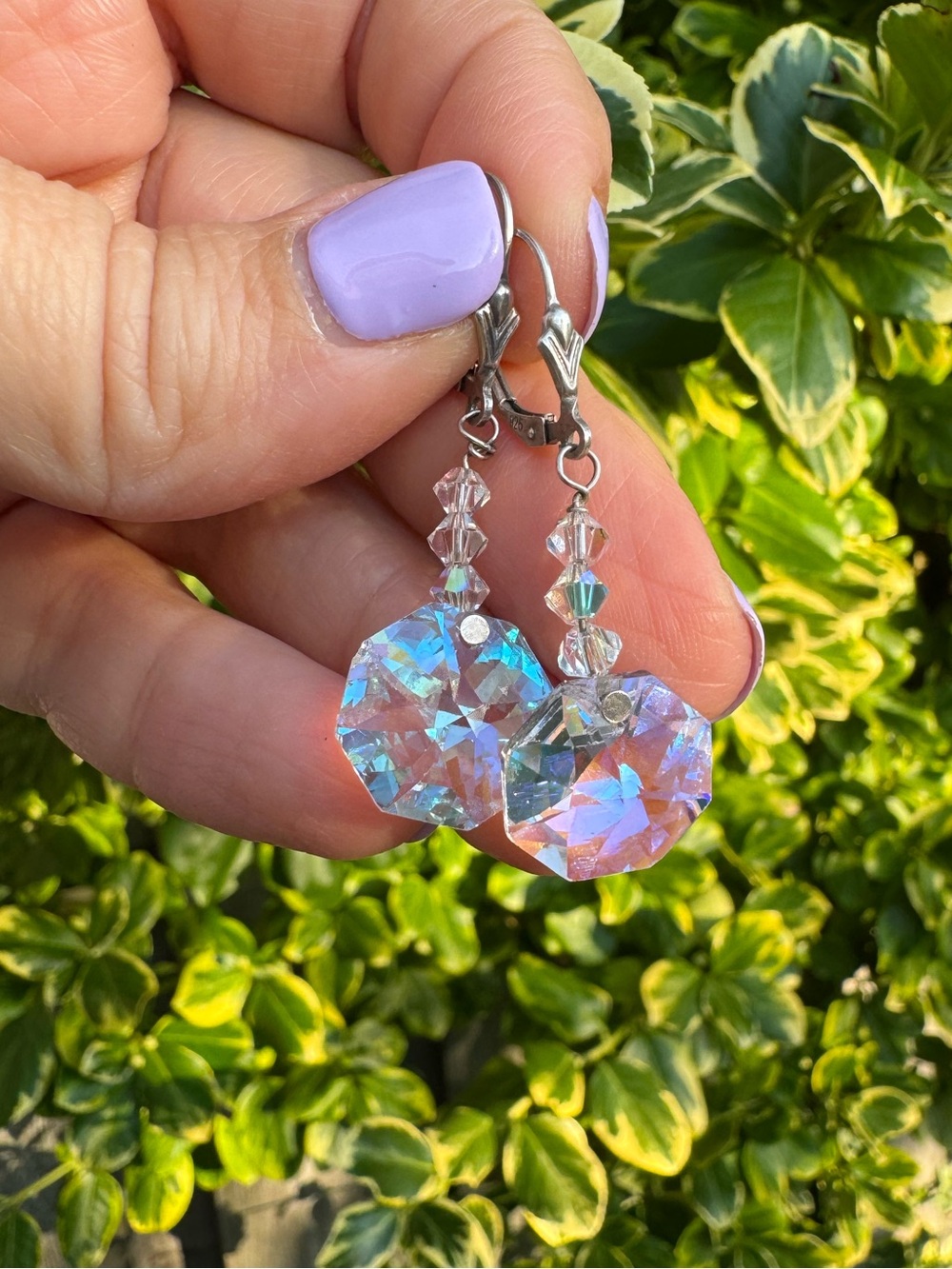 AB Crystal Octagon Drop Earrings - Aurora Borealis Sterling 925 Leverback Dainty